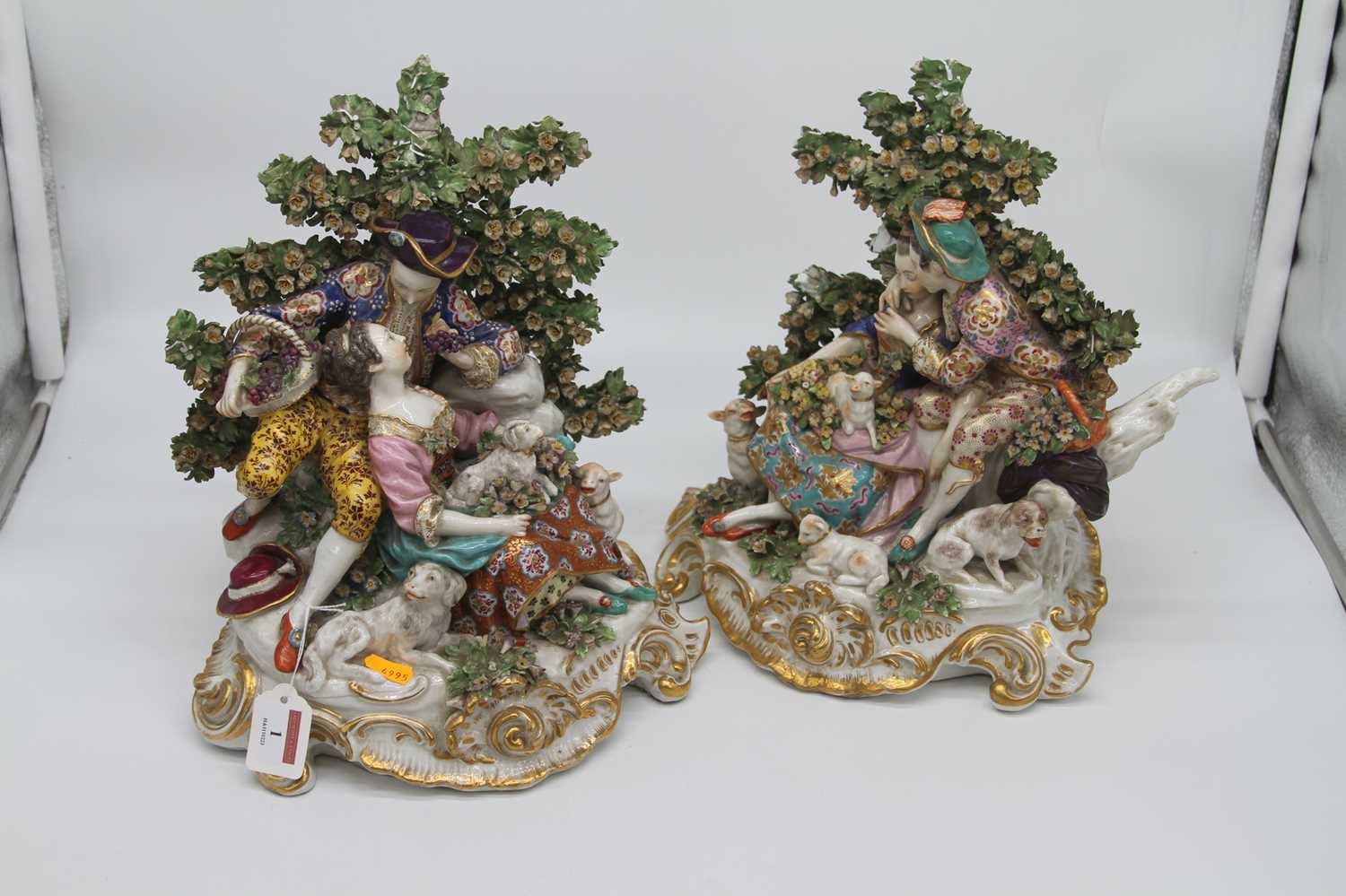 A pair of 19th century hard paste porcelain bocage figure groups, after Chelsea, each depicting a - Image 3 of 10