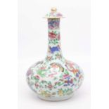 A 19th century Chinese Canton porcelain bottle vase and cover, enamel decorated with dragons and