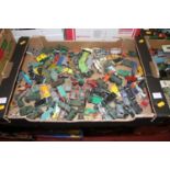 A box of playworn diecast vehichles predominantly examples by Lesney,