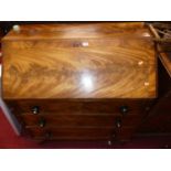 A Victorian flame mahogany crossbanded three drawer writing bureau, w.92cm