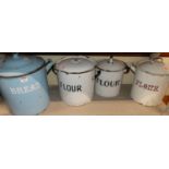 Four sundry enamelled twin handled metal bins, to include Bread and three Flour examples