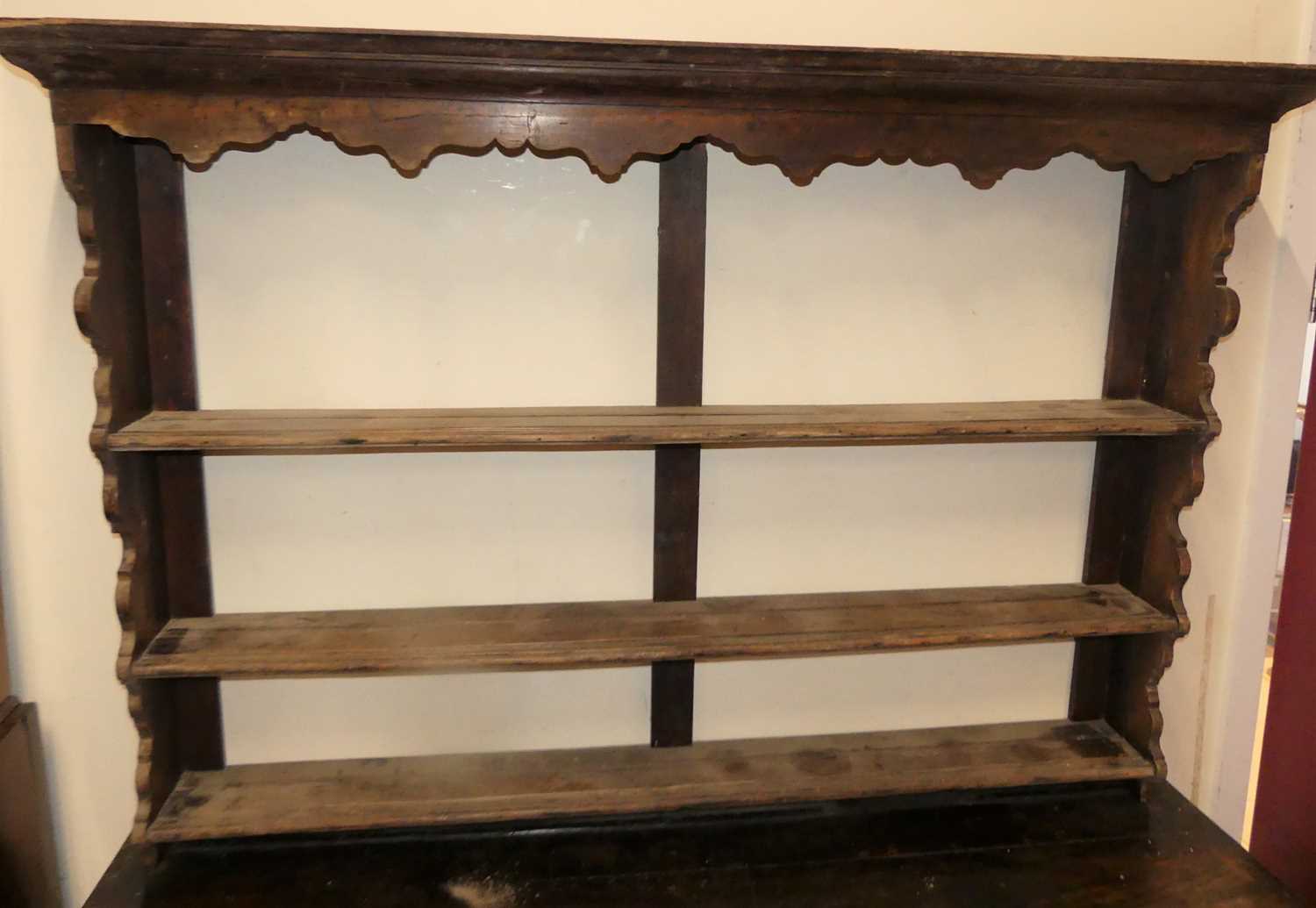 A provincial 18th century joined elm and fruitwood dresser, the later three-tier rack over unusual - Image 2 of 6