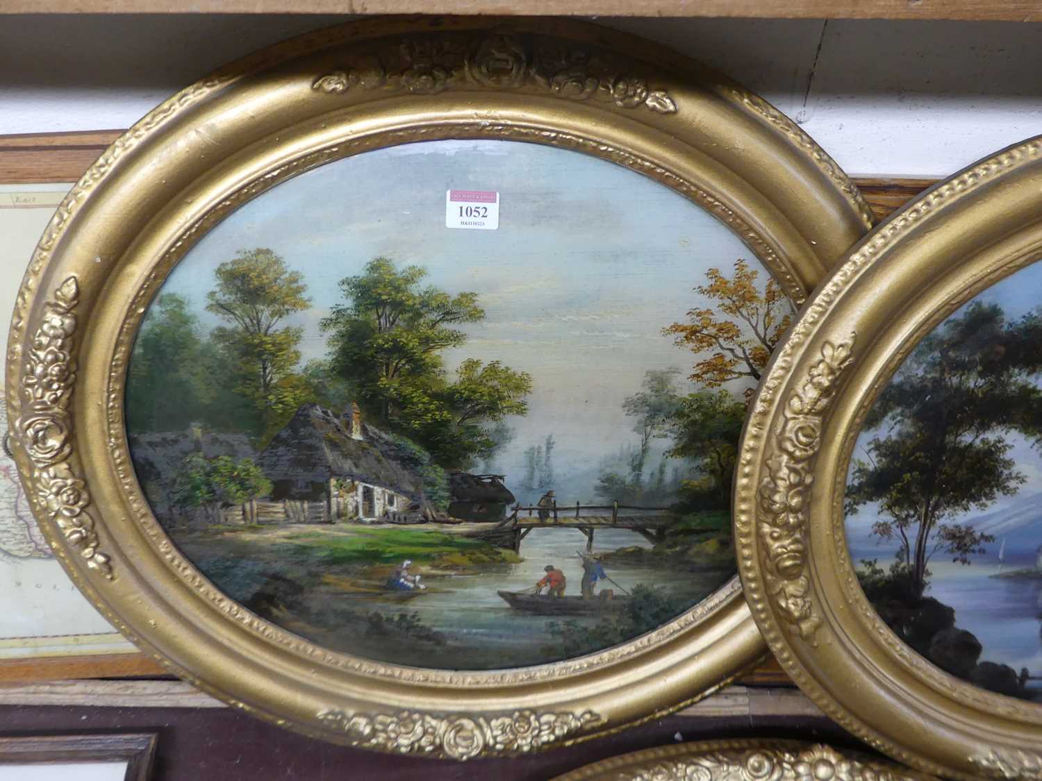 A set of three early 20th century reverse paintings on glass, being boating and landscape scenes, - Image 4 of 4