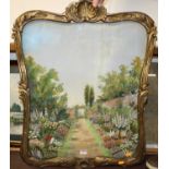 Early 20th century silkwork depicting a walled garden, housed in swept gilt wood and gesso frame,