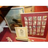A framed display of Wills Cigarette cards, monochrome portrait print and advertising print for G