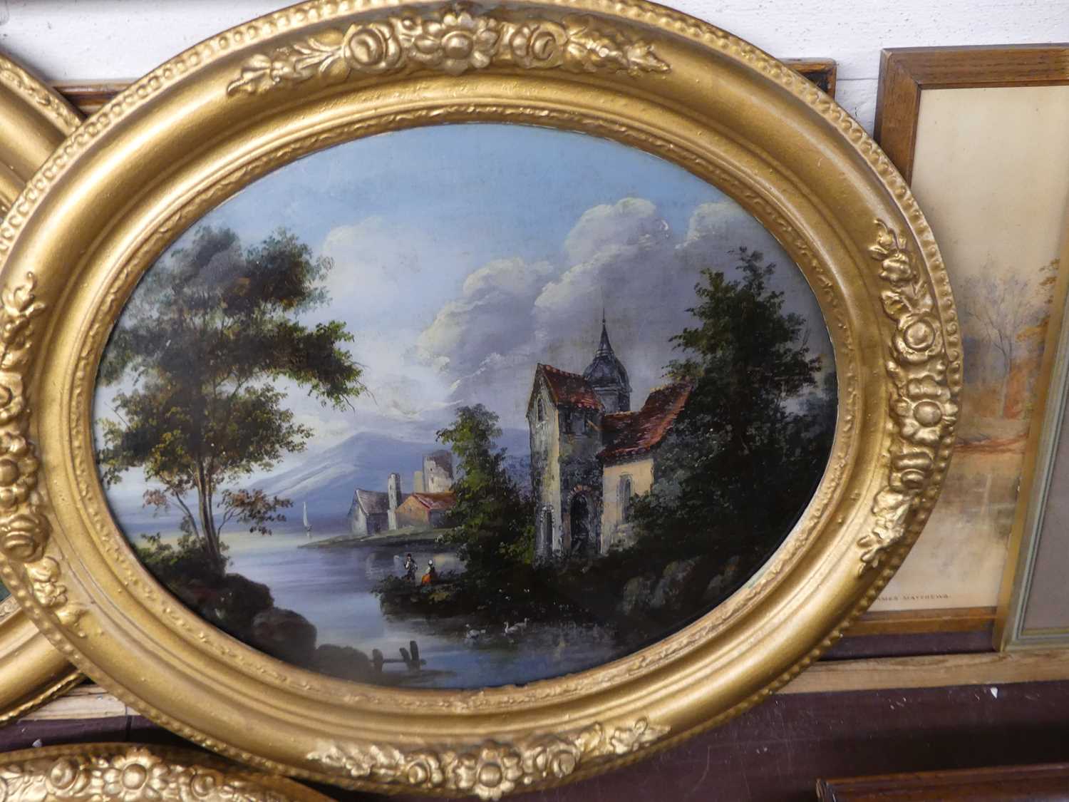 A set of three early 20th century reverse paintings on glass, being boating and landscape scenes, - Image 3 of 4