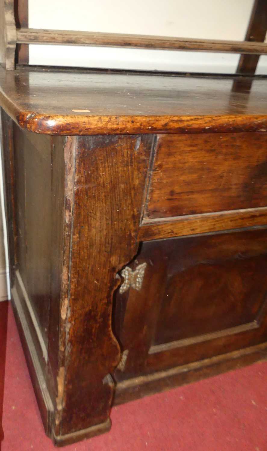 A provincial 18th century joined elm and fruitwood dresser, the later three-tier rack over unusual - Image 5 of 6