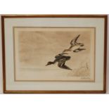 Leon Danchin (1887-1939), Mallards in flight, hand coloured lithograph, signed in pencil to the