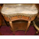 A French chequer inlaid gilt metal mounted and marble topped two-tier single drawer occasional
