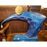 A large contemporary bronzed metal abstract freestanding sculpture, with predominantly blue