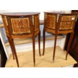 A pair of contemporary French style inlaid demi-lune three drawer side tables, w.45cmSolid and