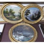 A set of three early 20th century reverse paintings on glass, being boating and landscape scenes,