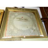 A printed cotton hanging commemorating "Sir Hugo", winner of the Derby 1892, 84x84cm, the whole