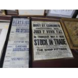 Framed bill sheet for The Theatre Royal, Bury St Edmunds, annotated in pencil 1872, 70x23cm,