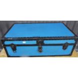 A painted and metal bound travel trunk, w.92cm