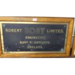 A Brass notice sign for Robert Boby Limited, Engineers, Bury St Edmunds, England, in oak frame, full