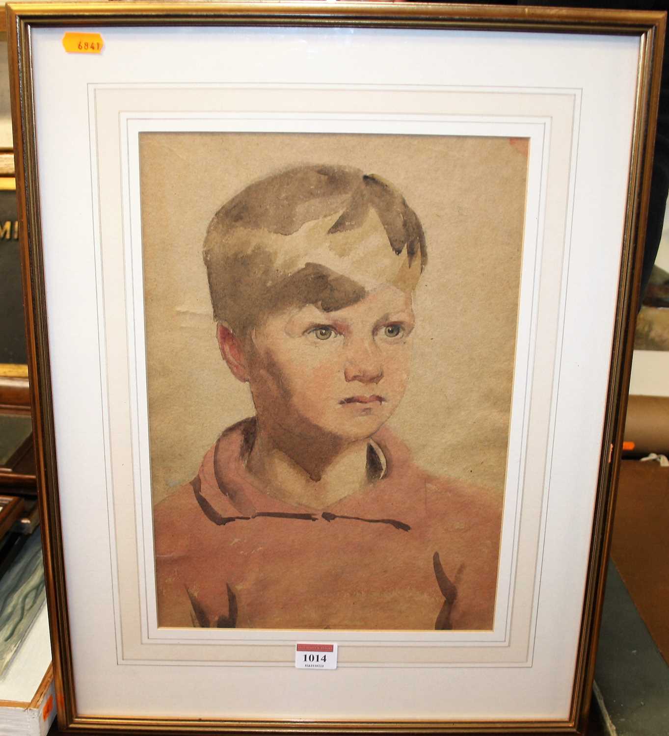 20th century English school - portrait of a young boy, watercolour with pencil on tinted paper, 35.