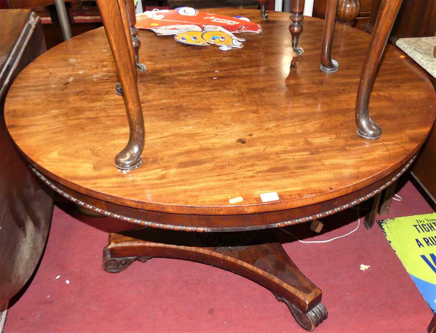 A William IV mahogany circular tilt-top breakfast table, on triform base, dia.113cm