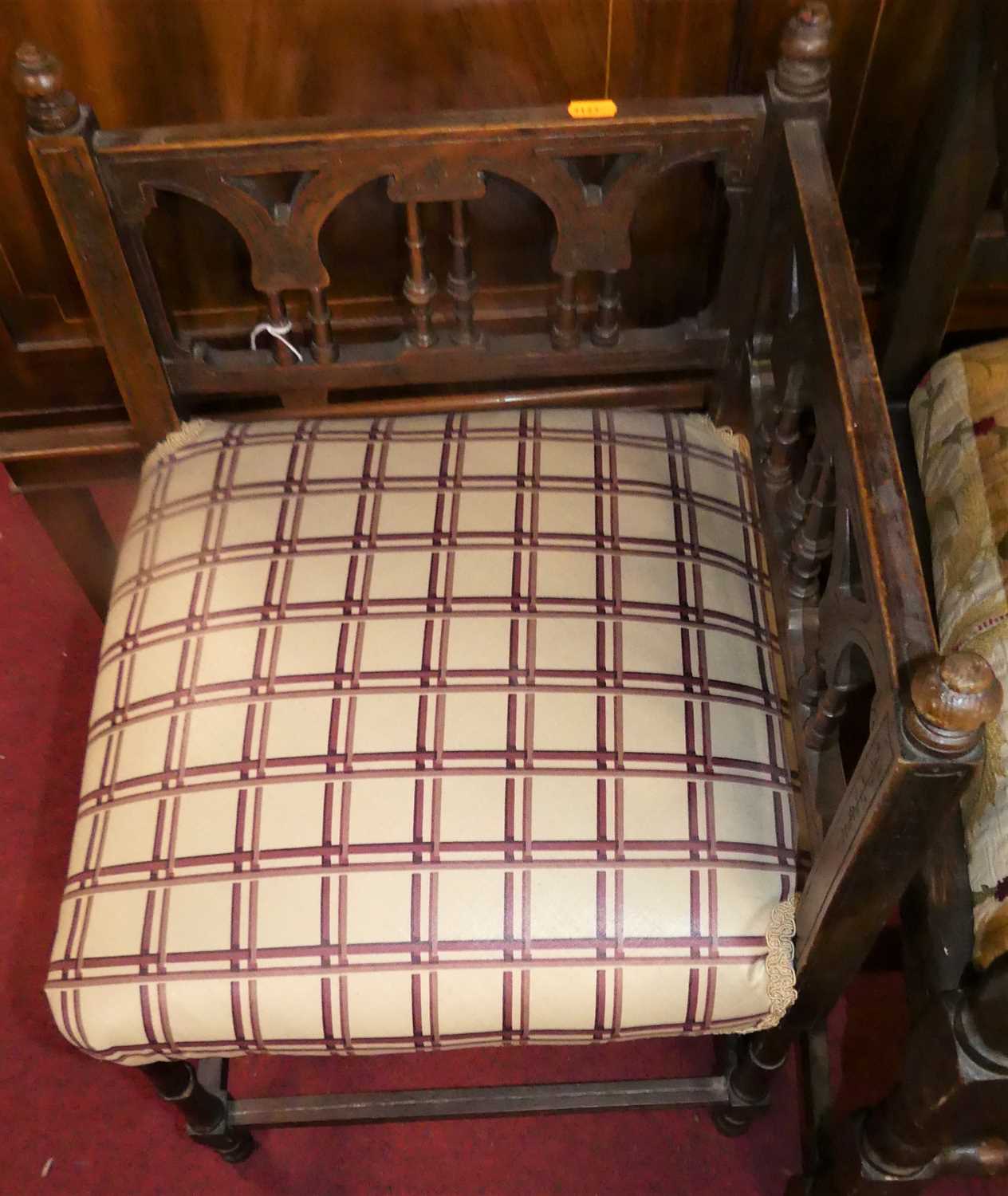 An early 20th century oak elbow chair, with floral needlework drop-in seat; together with an - Image 3 of 3