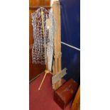 A beech artist's easel; tan leather Gladstone bag; and a tailors dummy (3)