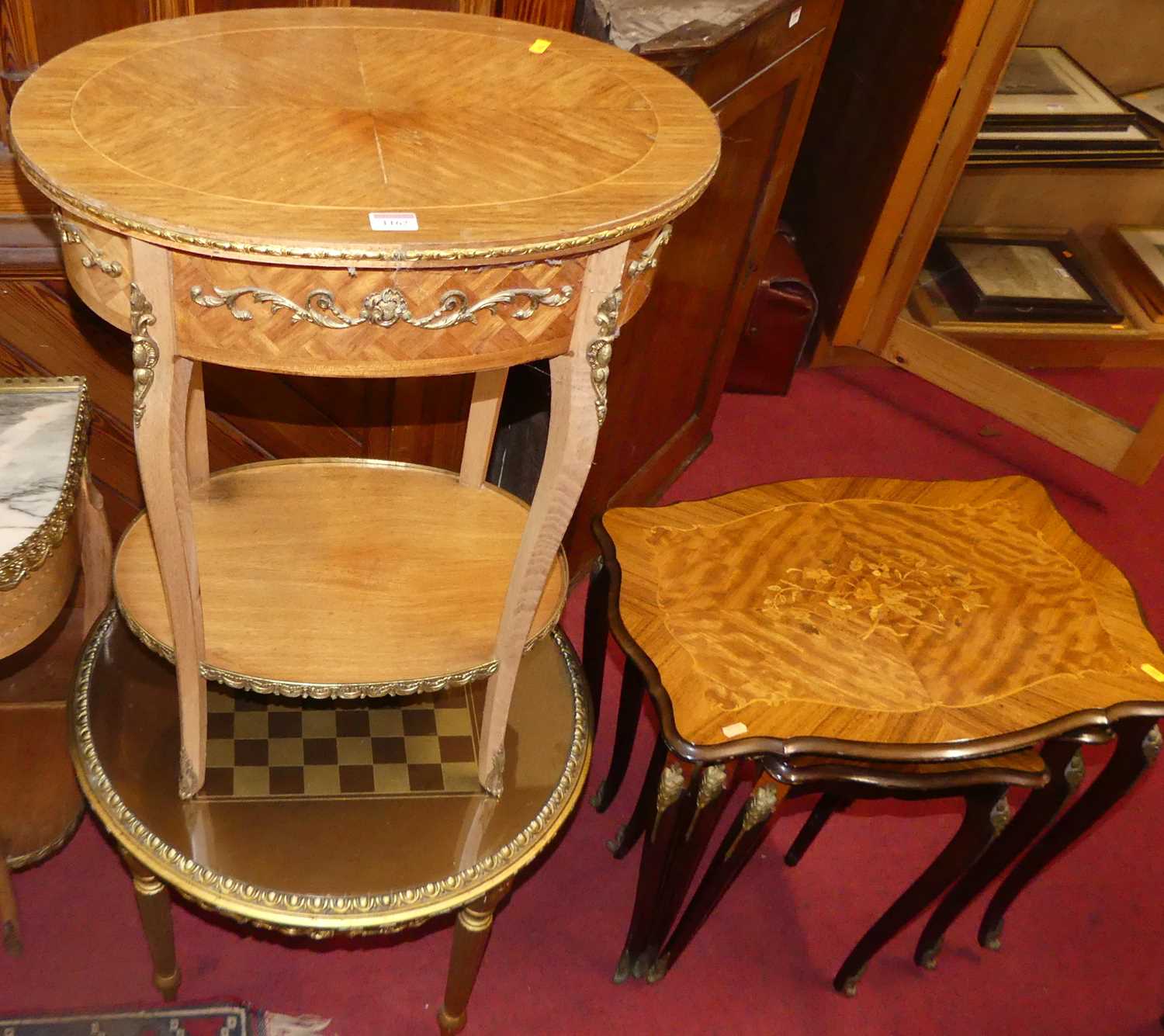 French gilt metal mounted occasional furniture, to include; oval single drawer occasional table,