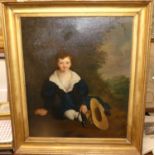 19th century English school - portrait of a young boy in seated pose with straw boater, oil on