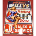 A contemporary laminate on metal wall mounted advertising sign titled 'Get your Willys serviced