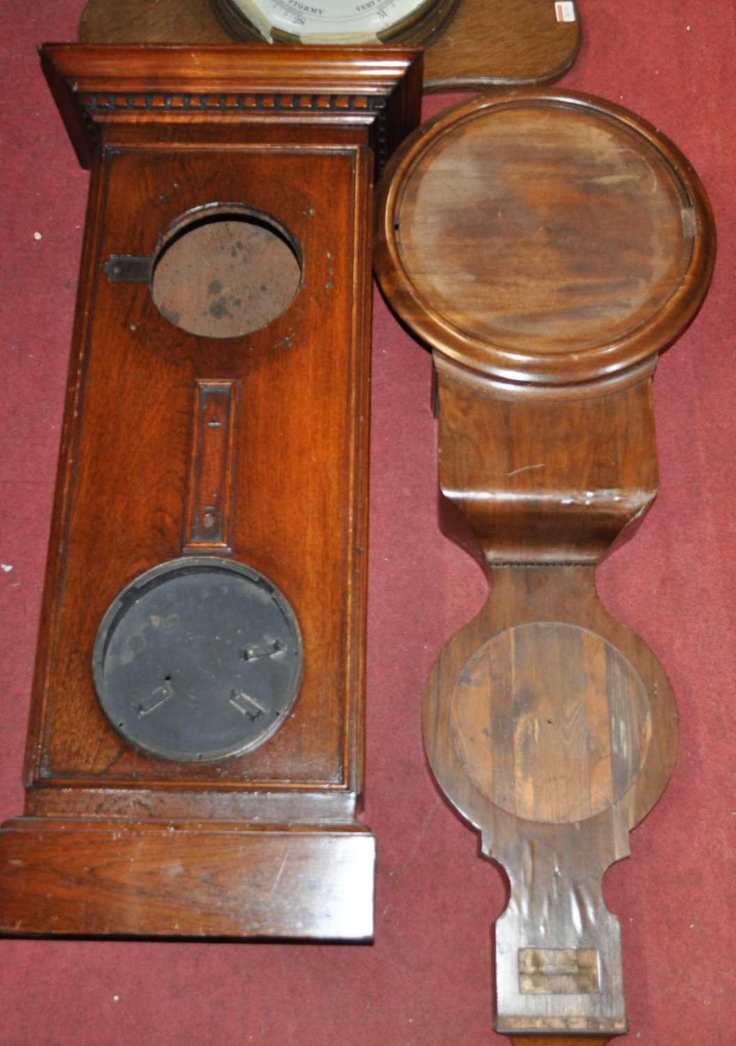 An oak aneroid wheel barometer; together with a 19th century mahogany clock barometer case, an oak - Image 2 of 3