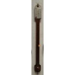 A mahogany round top open front inlaid stick barometer, having unsigned silver scale and thermometer