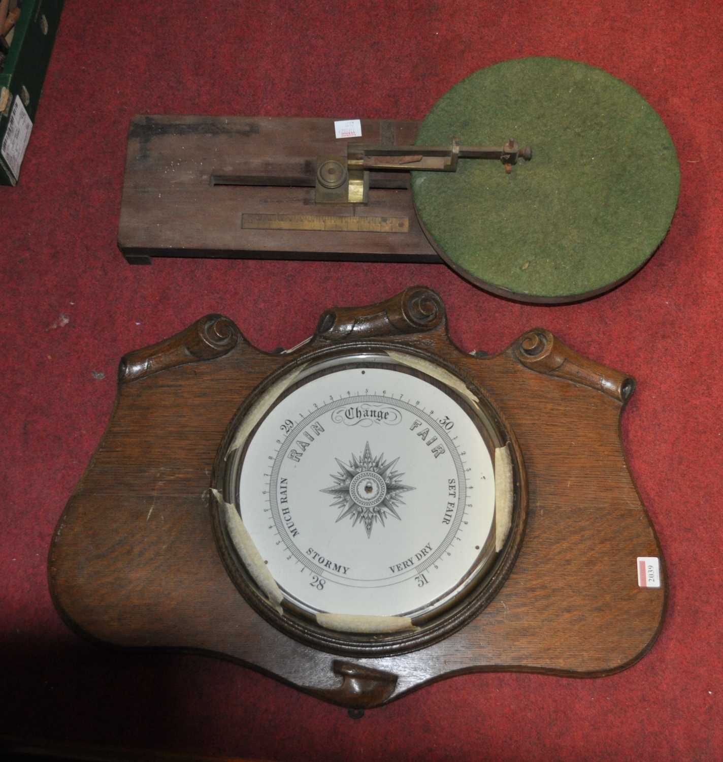 An oak aneroid wheel barometer; together with a 19th century mahogany clock barometer case, an oak - Image 3 of 3