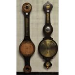 A mahogany five-dial onion topped wheel barometer, having unsigned engraved brass main dial,