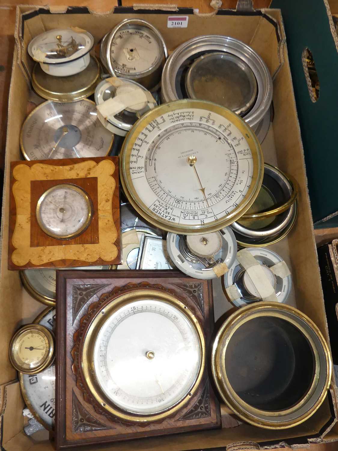 Various aneroid wall barometers to include wooden mounted example, some cases only etc