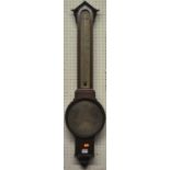 A mahogany stick barometer, with unsigned brass circular main dial and unsigned thermometer dial,