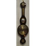 A rosewood five-dial onion topped wheel barometer, having unsigned engraved brass main dial, 93cm