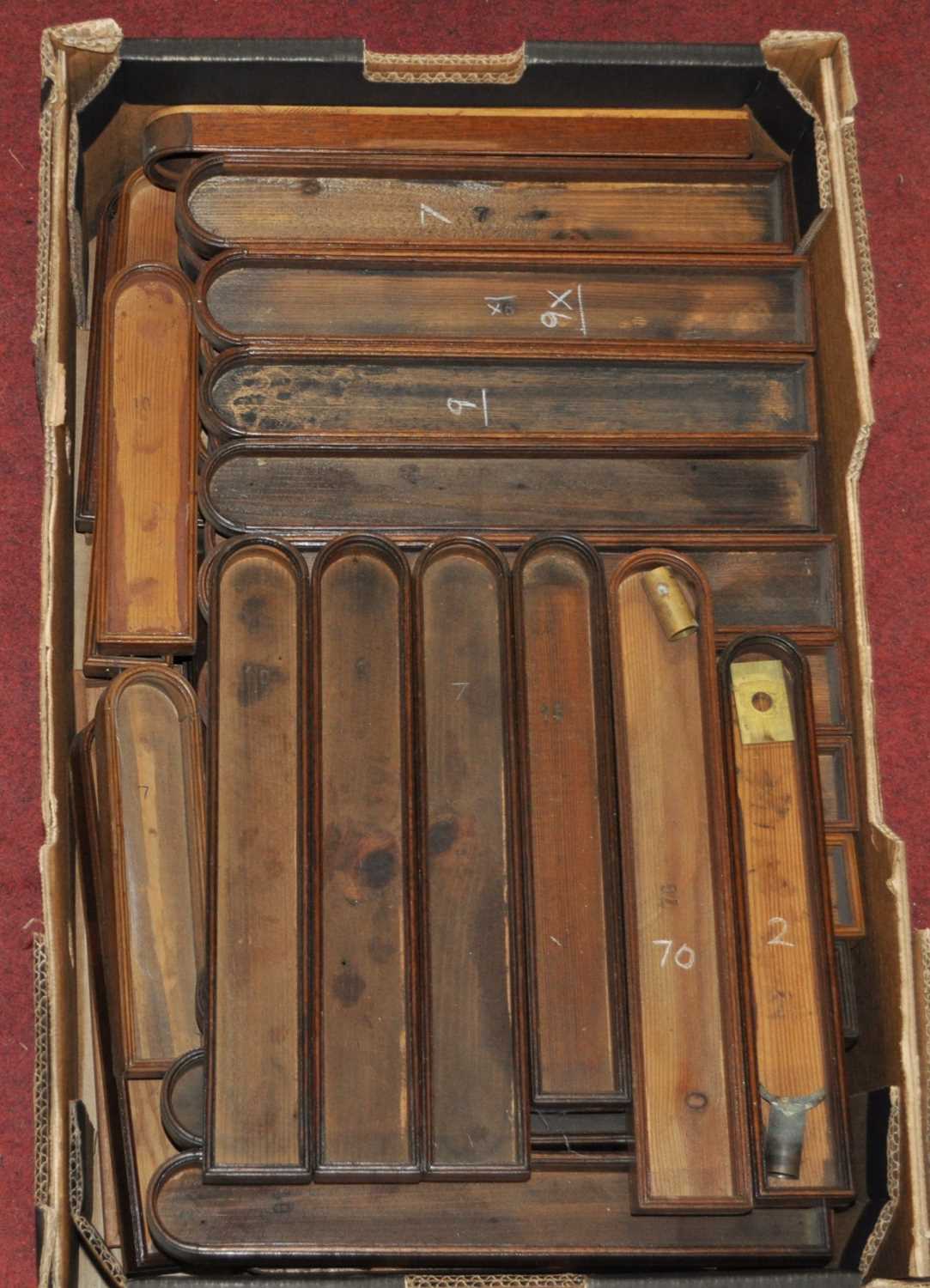 A collection of principally mahogany finished and unfinished thermometer boxes