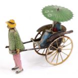 Lehmann No.773 "MASUYAMA" tinplate clockwork Rickshaw, clockwork motor, lady passenger waves her fan