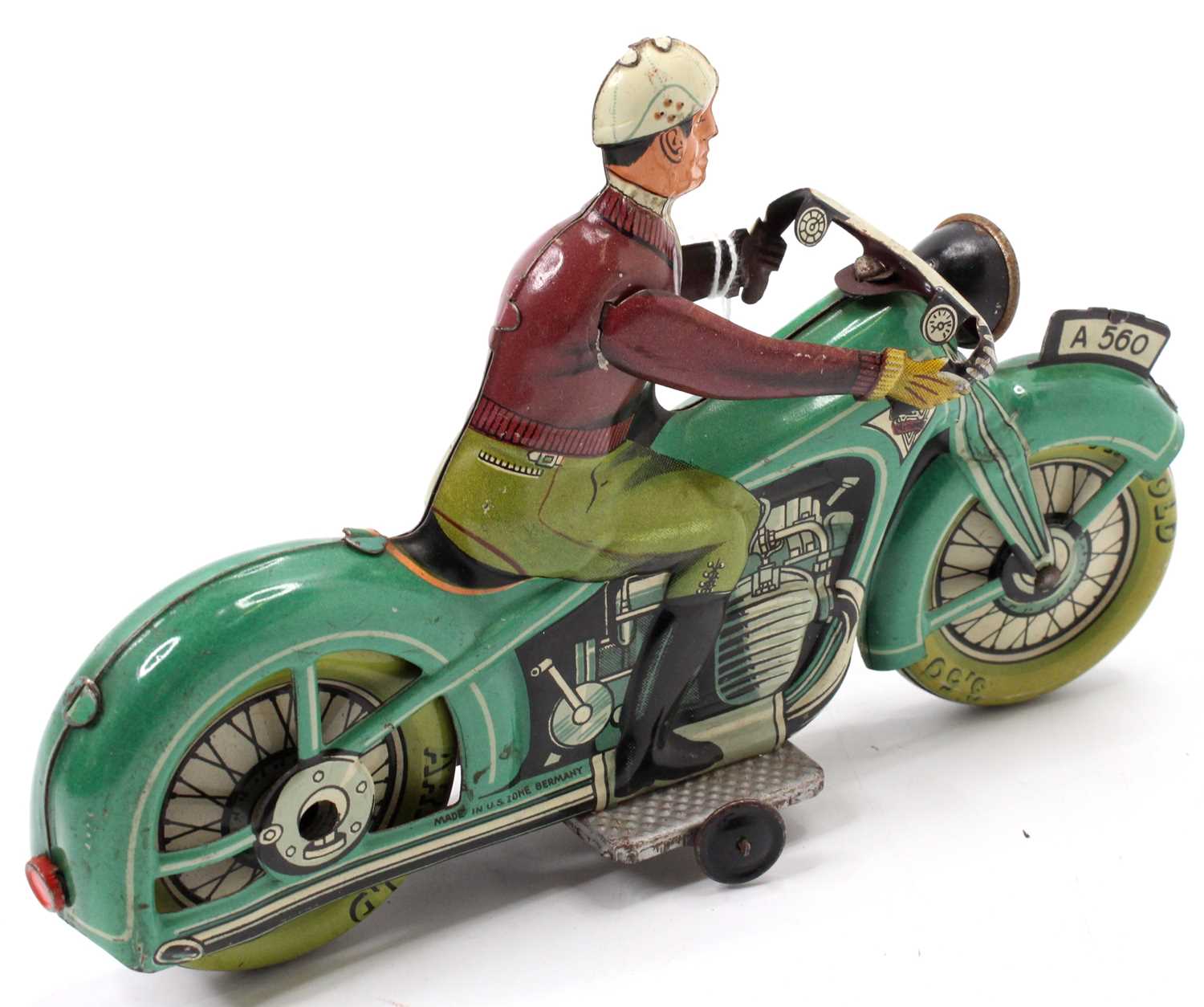 Arnold U.S Zone Germany No.A560 clockwork tinplate Touring Motorcycle from the 1940s, light green - Image 2 of 3