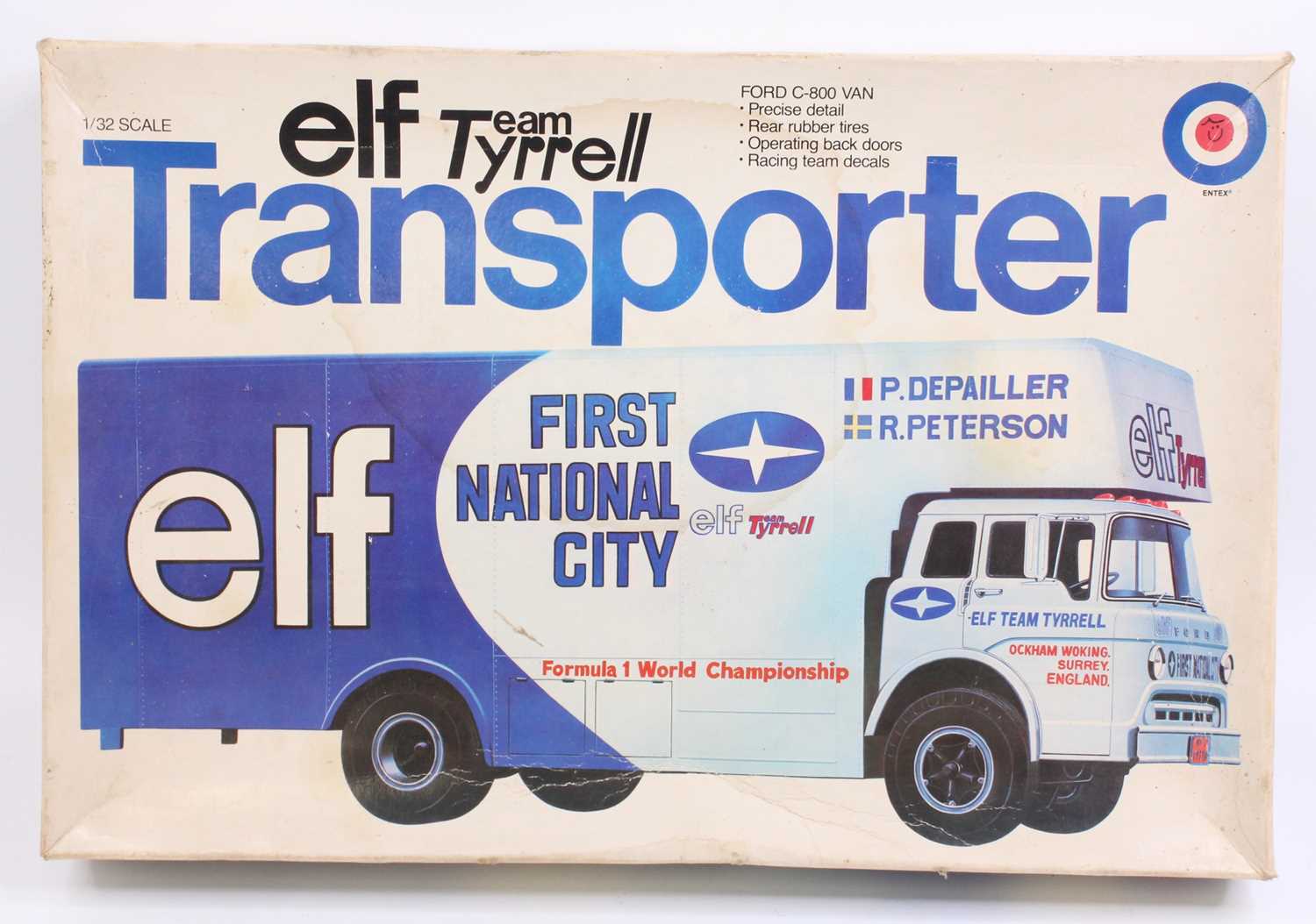 Entex Industries 1/32nd scale plastic kit of a Ford C-800 Van Team Tyrrell 'Elf' Transport livery,