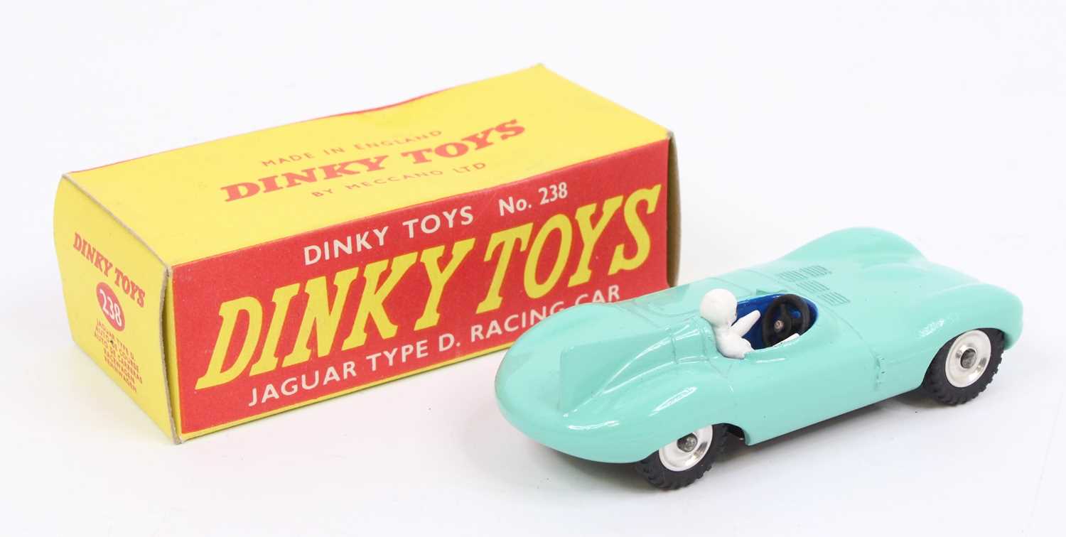 Dinky Toys No. 238 Jaguar D-type racing car comprising of turquoise body with blue interior, white - Image 2 of 2