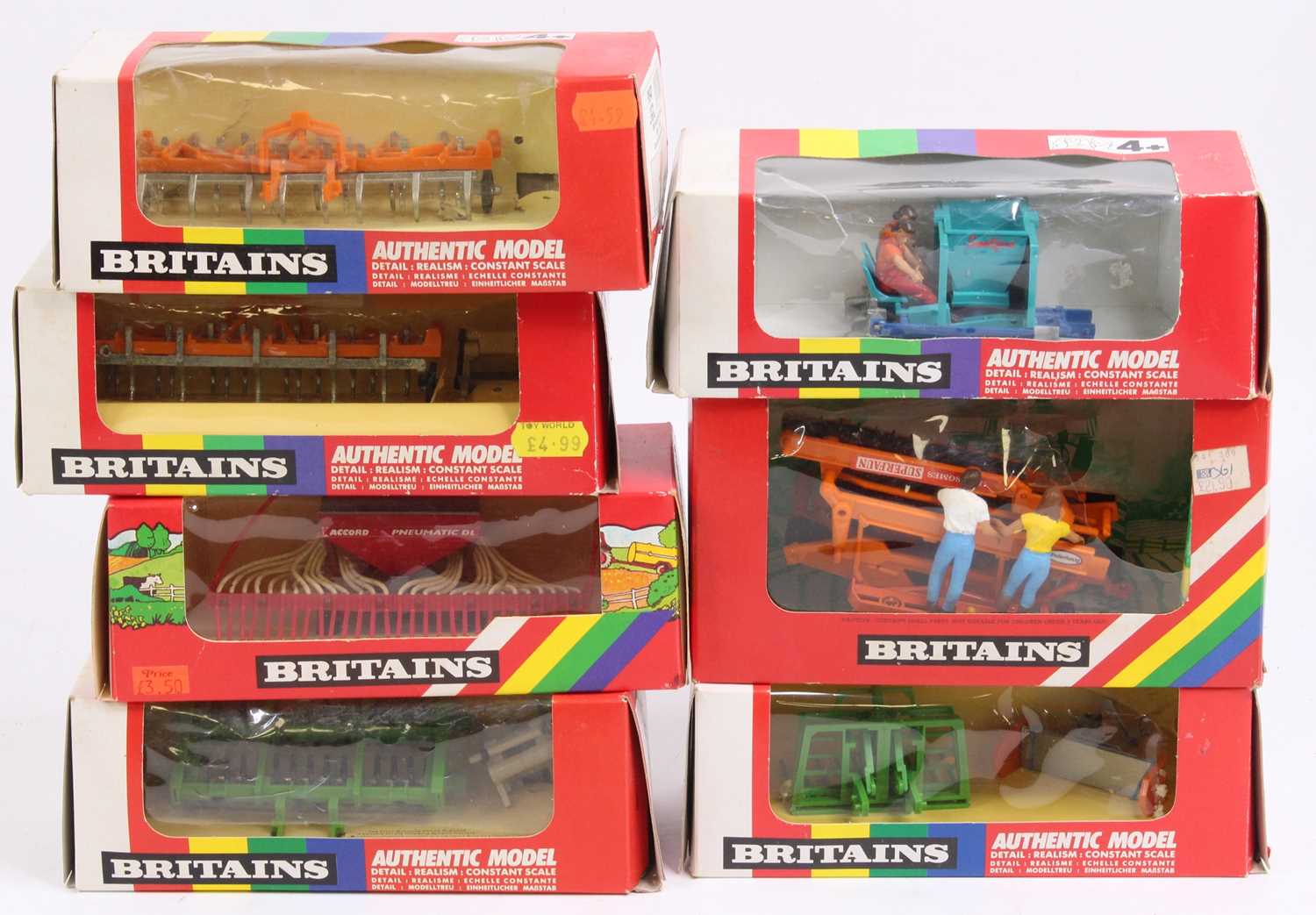 Britains 1/32nd scale boxed farming implements, with examples including No. 9547 Front Mounted