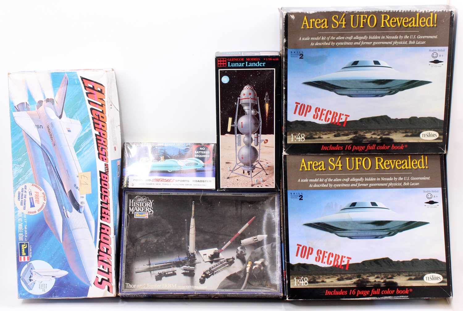 A collection of six space and UFO related boxed plastic kits to include Testors, Revell, Glencoe