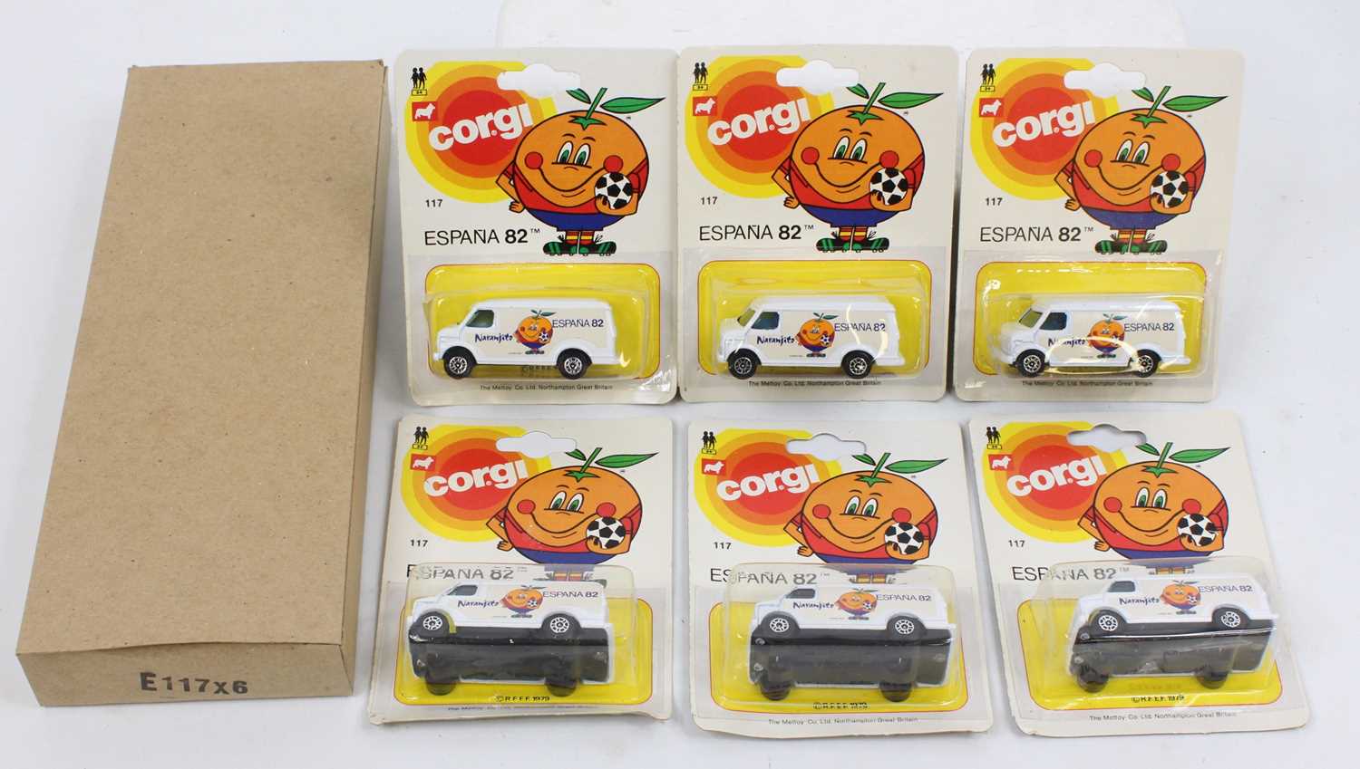 Corgi Toys trade box of six No. 117 Chevrolet delivery vans with Espana 1982 football advertising