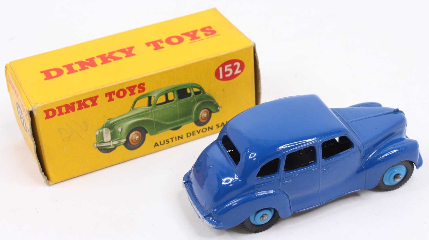 Dinky Toys No. 152 Austin Devon Saloon, with a dark blue body, light blue ridged hubs, tinplate - Image 2 of 3