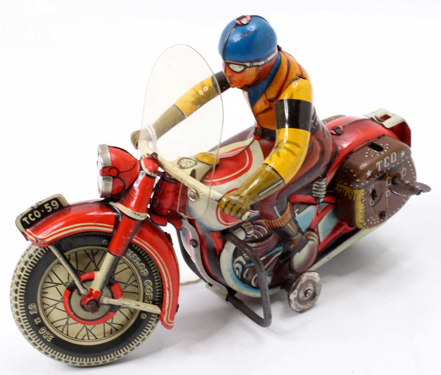 Tipp & Co (Tippco Germany) clockwork tinplate Motorcycle & Rider comprising a red motorcycle with