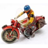Tipp & Co (Tippco Germany) clockwork tinplate Motorcycle & Rider comprising a red motorcycle with