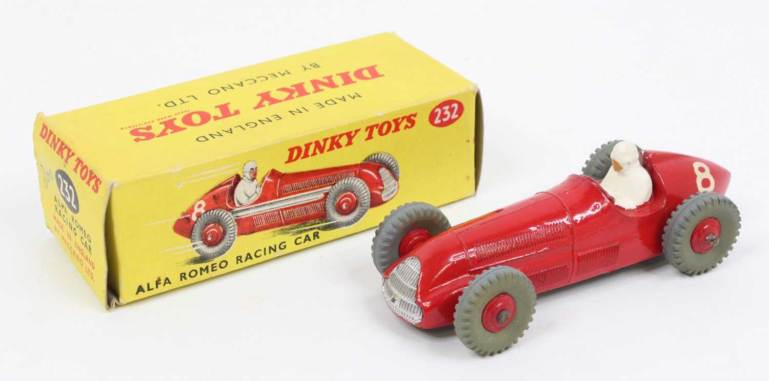 Dinky Toys No. 232 Alfa Romeo racing car comprising of red body with racing No. 8, with white