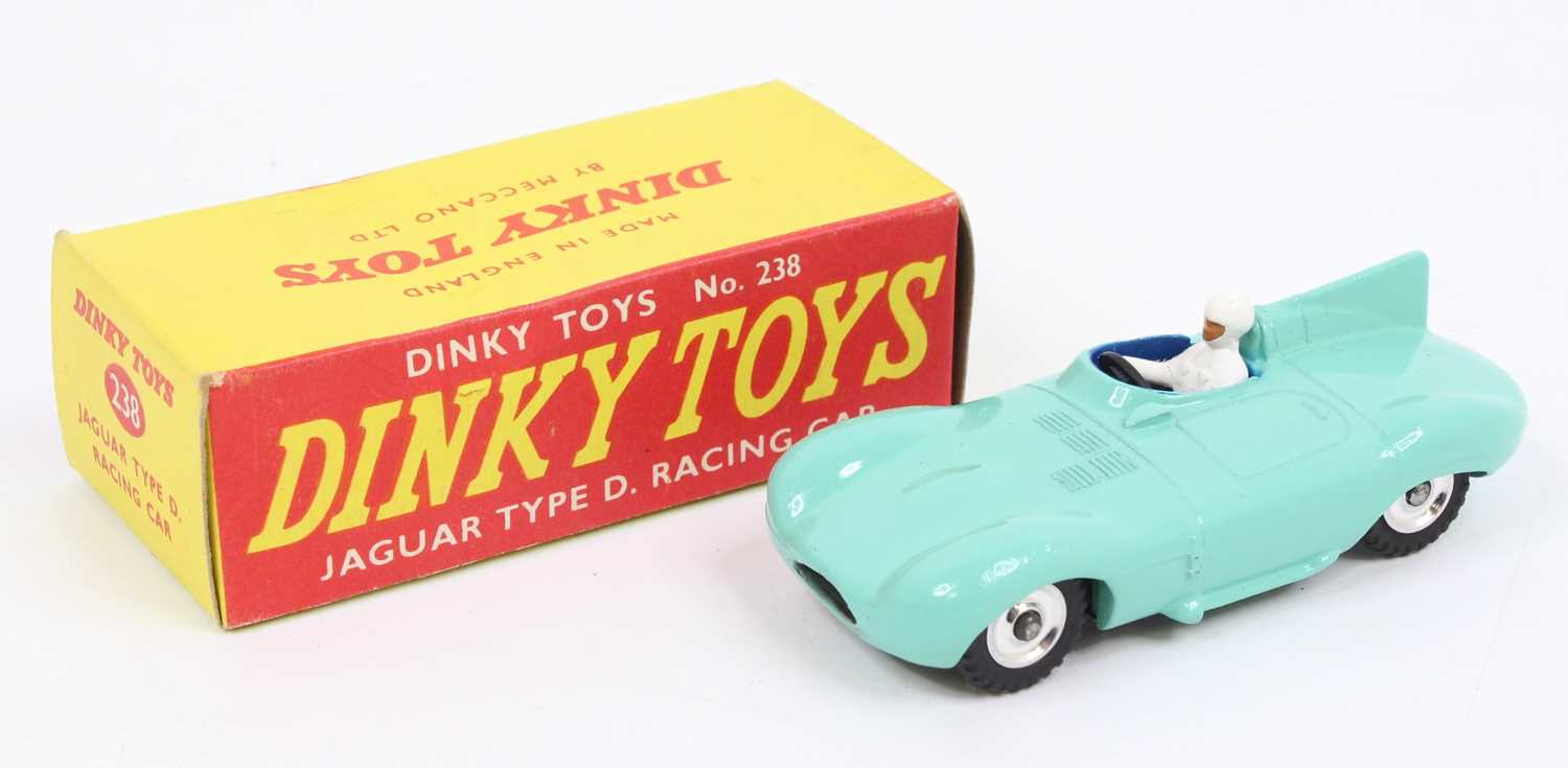 Dinky Toys No. 238 Jaguar D-type racing car comprising of turquoise body with blue interior, white