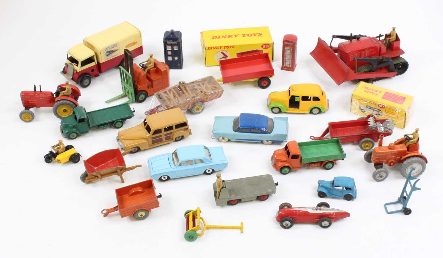 Tray containing a collection of mixed play worn Dinky Toy, Corgi and tinplate models to include