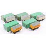 Five Hornby No.50 wagons, all in green boxes (BVG-E): two Saxa (E) and three Refrigerator (E)