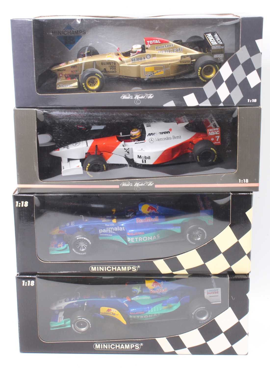 A Minichamps 1/18th scale Formula 1 racing car group of 4 comprising a Felipe Massa Sauber